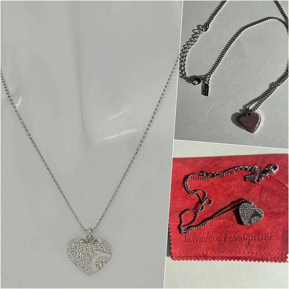 Ferragamo Gancini Heart Crystal Necklace Silver w/ Pouch NWOT